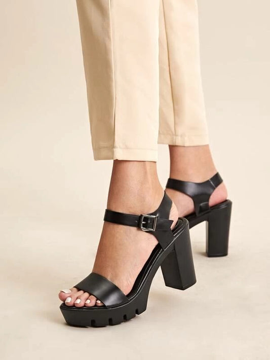 CM-SHS106212 Women Elegant Seoul Style Buckle Strap Chunky Heels - Black