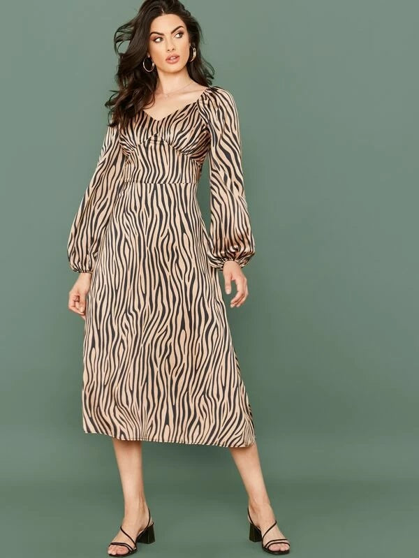 CM-DS017865 Women Casual Seoul Style Lantern Sleeve Zebra Striped Bustier Satin A-Line Dress
