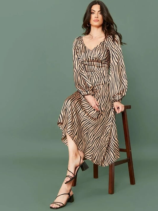 CM-DS017865 Women Casual Seoul Style Lantern Sleeve Zebra Striped Bustier Satin A-Line Dress
