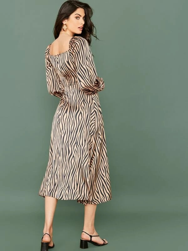 CM-DS017865 Women Casual Seoul Style Lantern Sleeve Zebra Striped Bustier Satin A-Line Dress