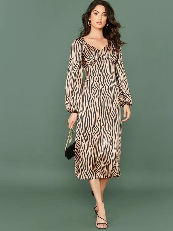 CM-DS017865 Women Casual Seoul Style Lantern Sleeve Zebra Striped Bustier Satin A-Line Dress