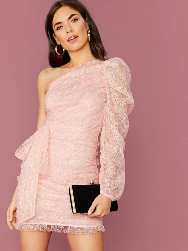 CM-DS015116 Women Elegant European Style One Shoulder Sleeve Lace Overlay Ruched Dress - Pink