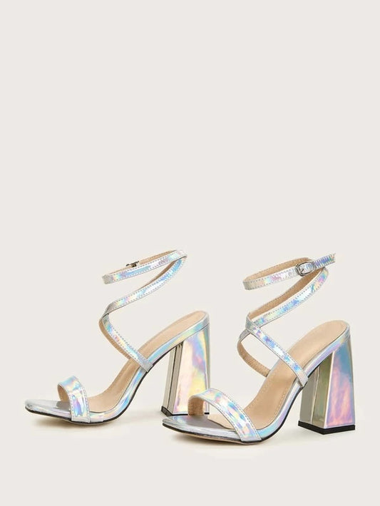 CM-SHS107425 Women Elegant Seoul Style Holographic Cross Strap Chunky Heels - Silver