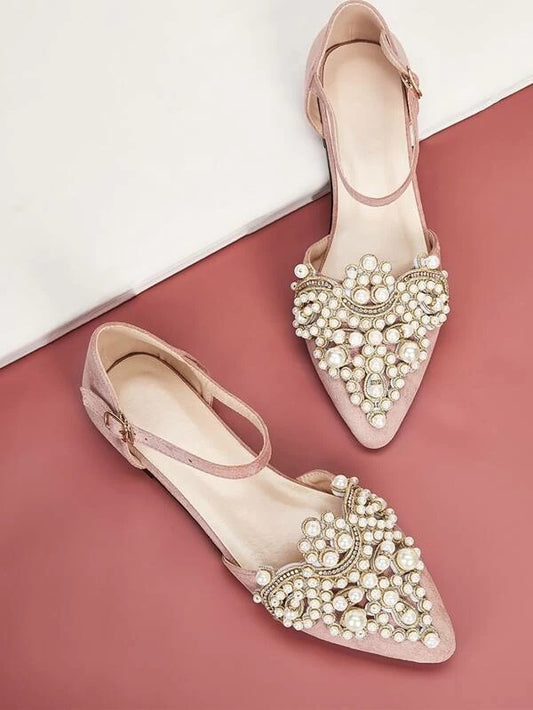 CM-SHS107094 Women Casual Seoul Style Faux Pearl Decor Buckle Strap Flats - Pink