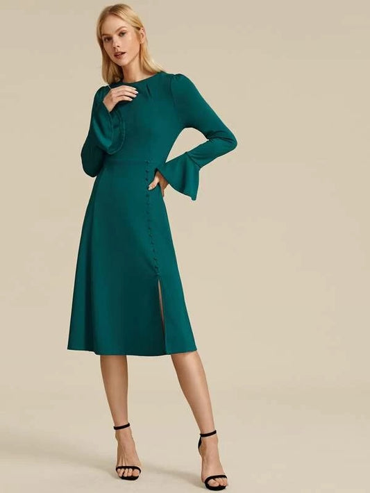 CM-DS023553 Women Elegant Seoul Style Bell Sleeve Button Up Split Hem Dress - Green