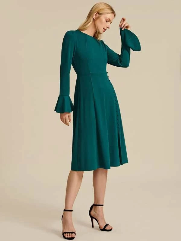 CM-DS023553 Women Elegant Seoul Style Bell Sleeve Button Up Split Hem Dress - Green