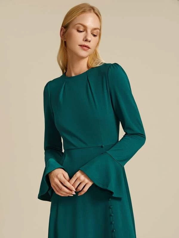 CM-DS023553 Women Elegant Seoul Style Bell Sleeve Button Up Split Hem Dress - Green