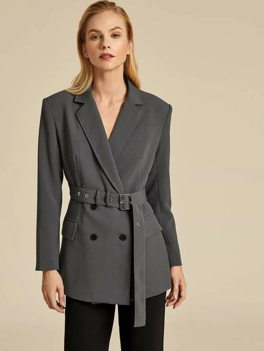 CM-CS029855 Women Elegant European Style Double Button Adjustable Belt Longline Blazer - Gray