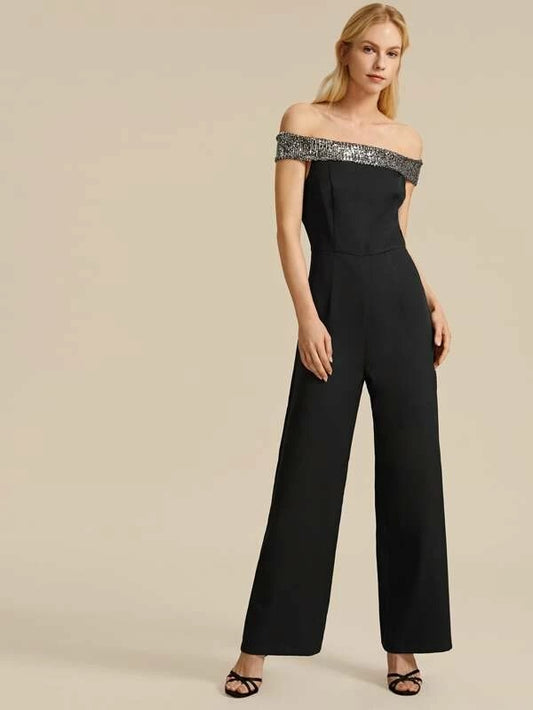 CM-JS014715 Women Elegant Seoul Style Off The Shoulder Sequin Panel Jumpsuit - Black