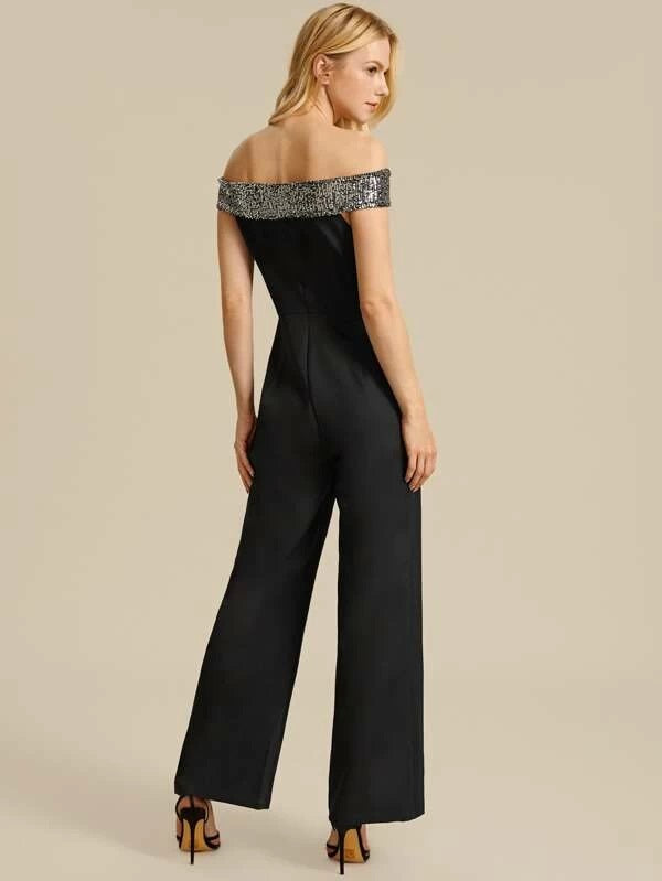 CM-JS014715 Women Elegant Seoul Style Off The Shoulder Sequin Panel Jumpsuit - Black