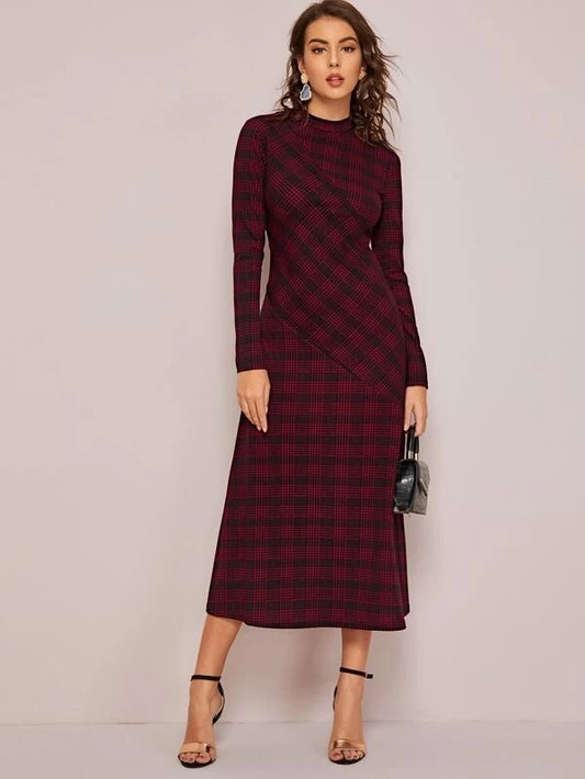 CM-DS008160 Women Casual Seoul Style Long Sleeve Mock-Neck Spliced Plaid Dress - Wine Red