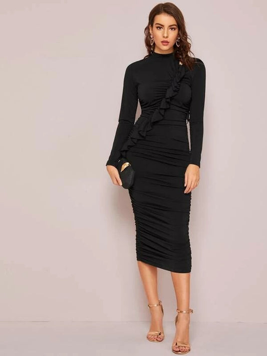 CM-DS030210 Women Casual Seoul Style Cutout Detail Ruffle Trim Ruched Pencil Dress - Black