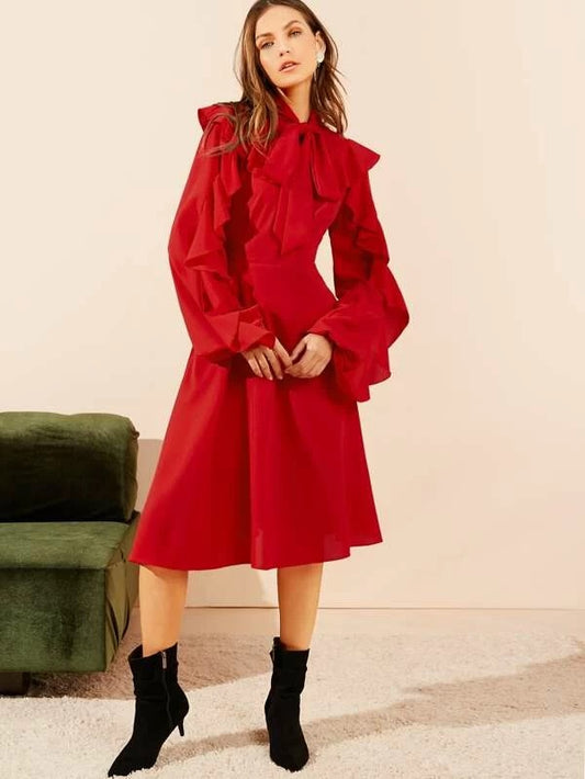 CM-DS916884 Women Elegant Seoul Style Tie Neck Ruffle Trim Balloon Sleeve Dress - Red