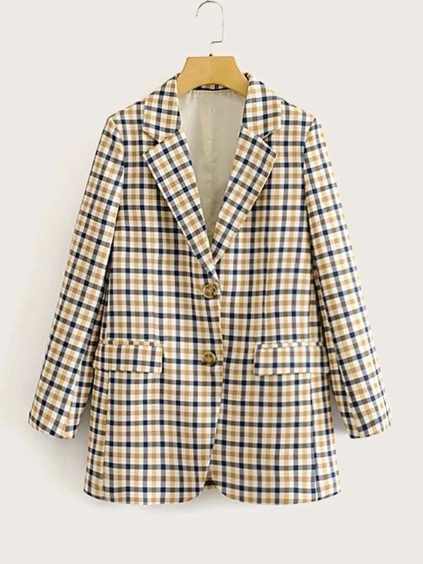 CM-CS109657 Women Elegant Seoul Style Long Sleeve Plaid Lapel Collar Blazer