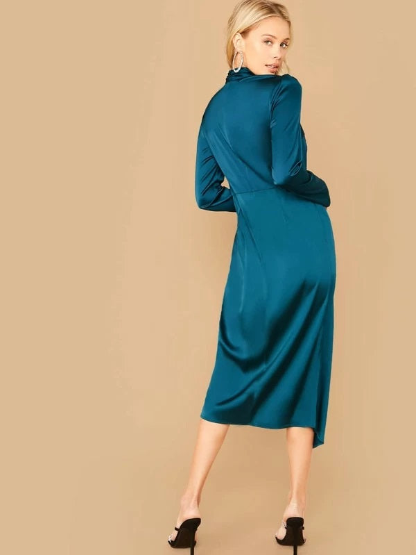 CM-DS009177 Women Elegant Seoul Style Long Sleeve Mock-Neck Wrap Hem Satin Dress - Green
