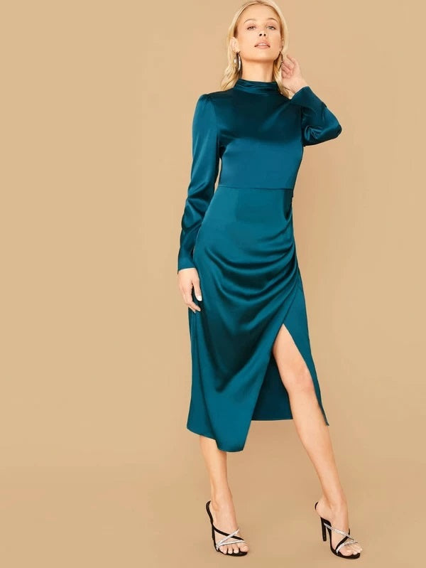 CM-DS009177 Women Elegant Seoul Style Long Sleeve Mock-Neck Wrap Hem Satin Dress - Green
