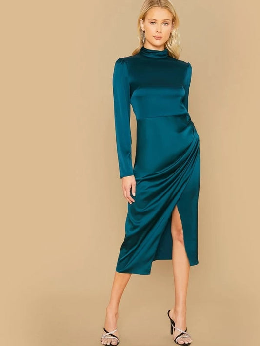 CM-DS009177 Women Elegant Seoul Style Long Sleeve Mock-Neck Wrap Hem Satin Dress - Green