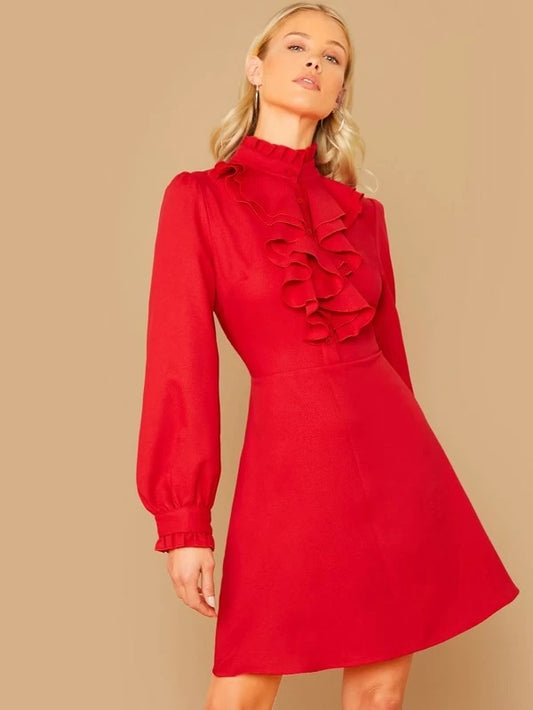 CM-DS017893 Women Elegant Seoul Style Frilled Neck Bishop Sleeve Ruffle Trim Dress - Red