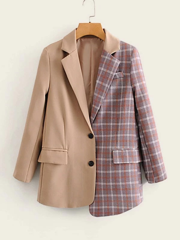 CM-CS109643 Women Elegant Seoul Style Long Sleeve Button Front Contrast Plaid Blazer