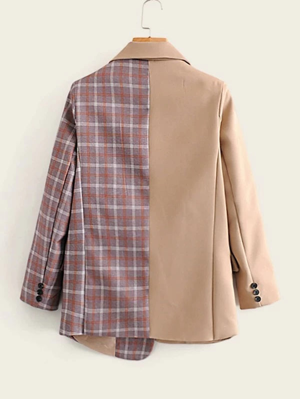 CM-CS109643 Women Elegant Seoul Style Long Sleeve Button Front Contrast Plaid Blazer