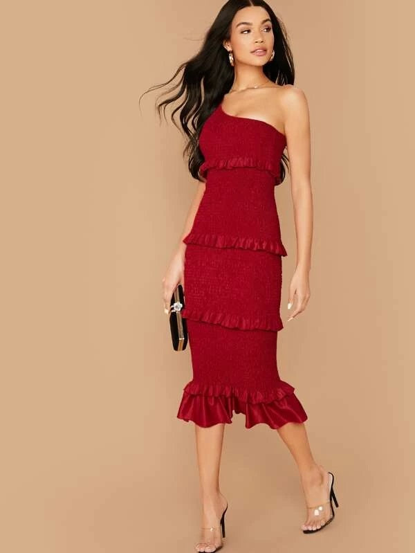 CM-DS018351 Women Elegant Seoul Style One Shoulder Frill Trim Shirred Bodycon Dress - Red