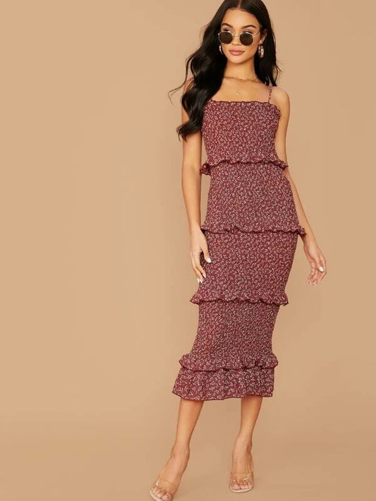 CM-DS018586 Women Casual Seoul Style Layered Frill Trim Shirred Ditsy Floral Print Cami Dress - Wine Red