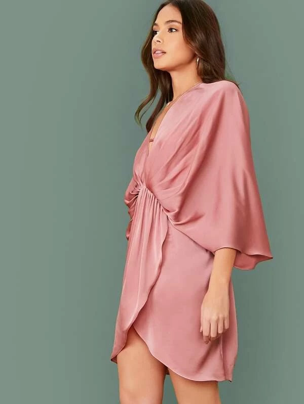 CM-DS022945 Women Trendy Seoul Style Plunge Neck Batwing Sleeve Pleated Wrap Satin Dress - Pink