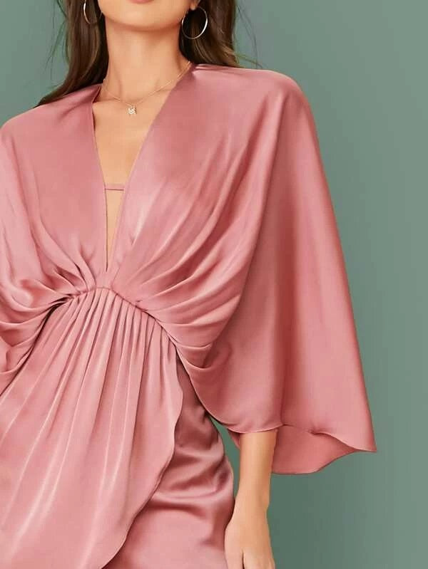 CM-DS022945 Women Trendy Seoul Style Plunge Neck Batwing Sleeve Pleated Wrap Satin Dress - Pink