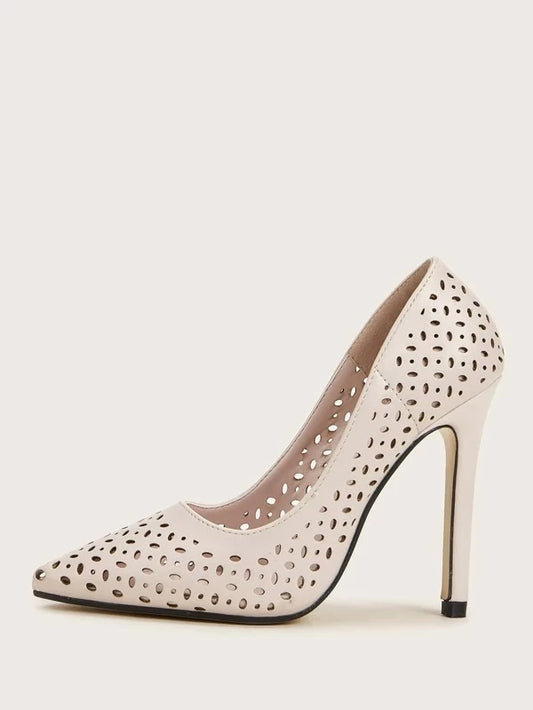 CM-SHS109377 Women Elegant Seoul Style Point Toe Hollow Out Stiletto Heels - Beige