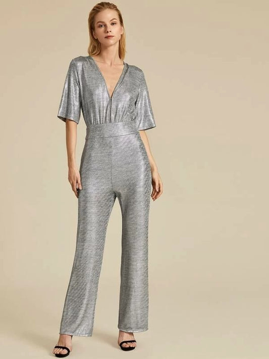 CM-JS030810 Women Elegant European Style Half Sleeve Plunge Neck Metallic Jumpsuit - Gray