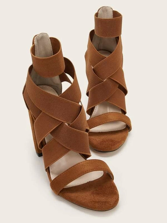 CM-SHS111991 Women Elegant Seoul Style Open Toe Cross Strap Chunky Heels - Brown