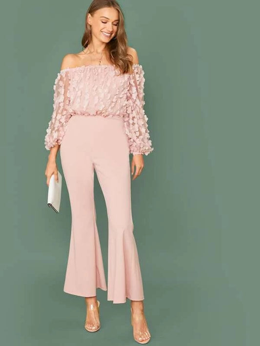 CM-JS023629 Women Elegant Seoul Style Off Shoulder Applique Mesh Bodice Flare Leg Jumpsuit - Pink