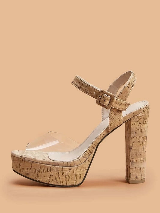 CM-SHS113817 Women Elegant Seoul Style Peep Toe Slingback Chunky Heels - Brown