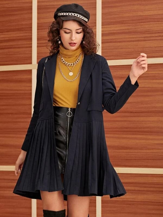 CM-CS113512 Women Elegant Seoul Style Lapel Single Button Pleated Hem Blazer - Black