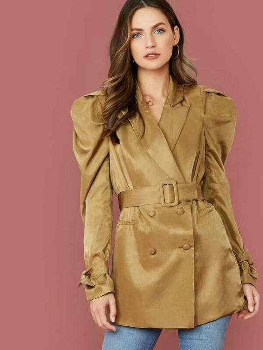 CM-CS017245 Women Elegant Seoul Style Notched Collar Long Sleeve Knot Cuff Belted Silky Blazer