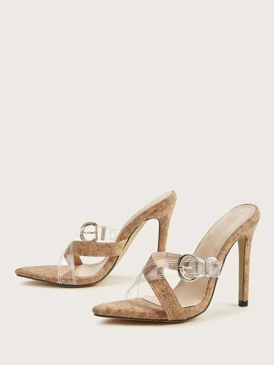 CM-SHS113694 Women Trendy Seoul Style Buckle Decor Stiletto Heeled Mules - Brown