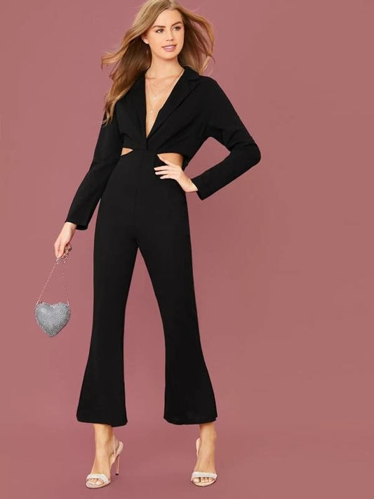 CM-JS028280 Women Casual Seoul Style Plunging Neck Cutout Detail Flare Leg Blazer Jumpsuit - Black