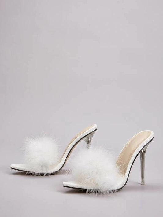 CM-SHS113932 Women Elegant Seoul Style Faux Fur Decor Stiletto Heels - White