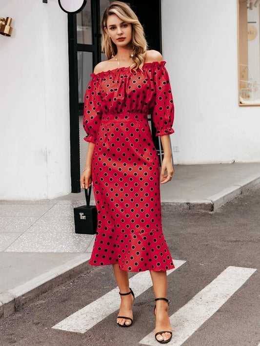 CM-DS113579 Women Trendy Seoul Style Off Shoulder Ruffle Hem Polka-Dot Print Dress - Red