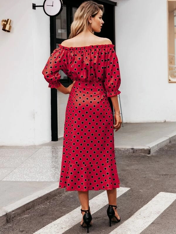 CM-DS113579 Women Trendy Seoul Style Off Shoulder Ruffle Hem Polka-Dot Print Dress - Red