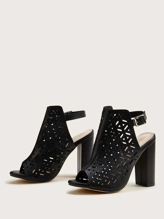 CM-SHS114717 Women Elegant Seoul Style Peep Toe Hollow Out Chunky Heels - Black