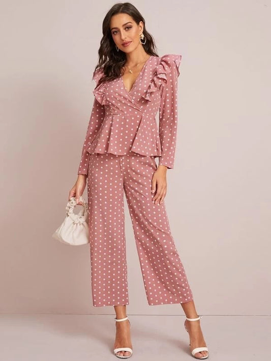 CM-JS114426 Women Trendy Seoul Style Long Sleeve Polka Dot Ruffle Trim Wide Leg Jumpsuit - Pink
