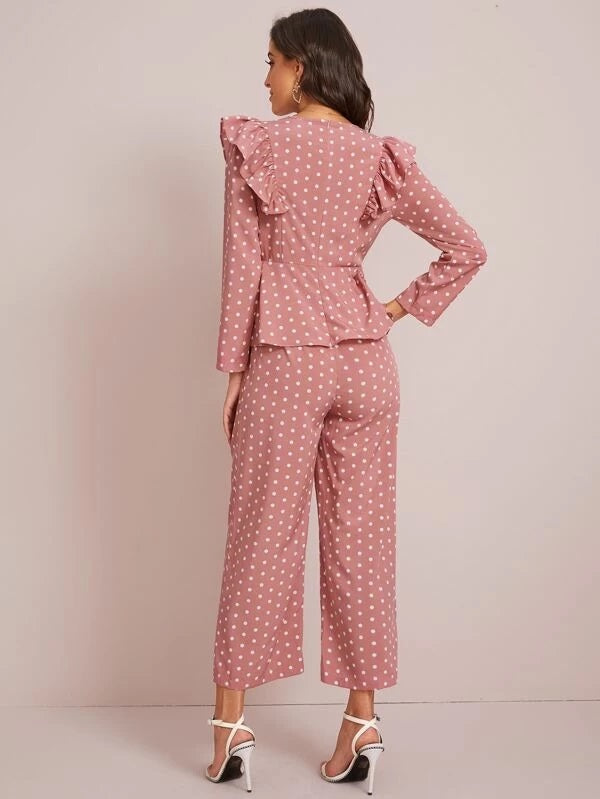 CM-JS114426 Women Trendy Seoul Style Long Sleeve Polka Dot Ruffle Trim Wide Leg Jumpsuit - Pink