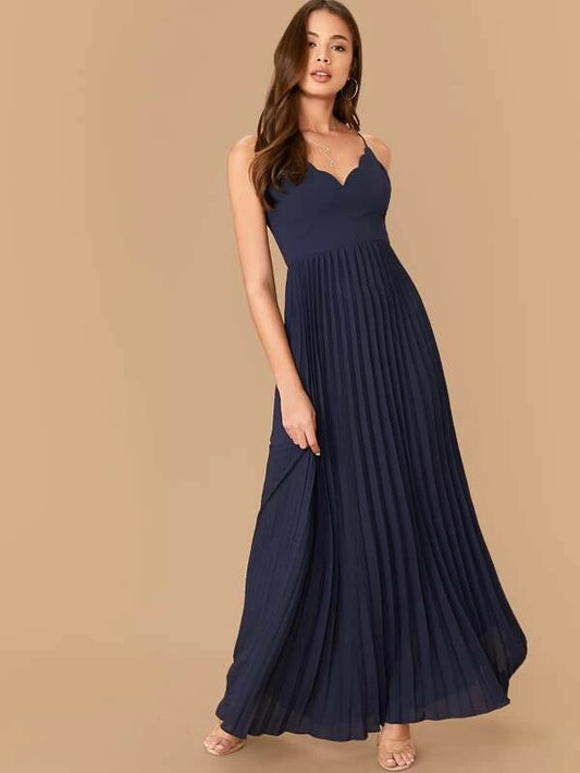 CM-DS028369 Women Elegant Seoul Style Scallop Edge Crisscross Back Pleated Maxi Dress - Navy Blue