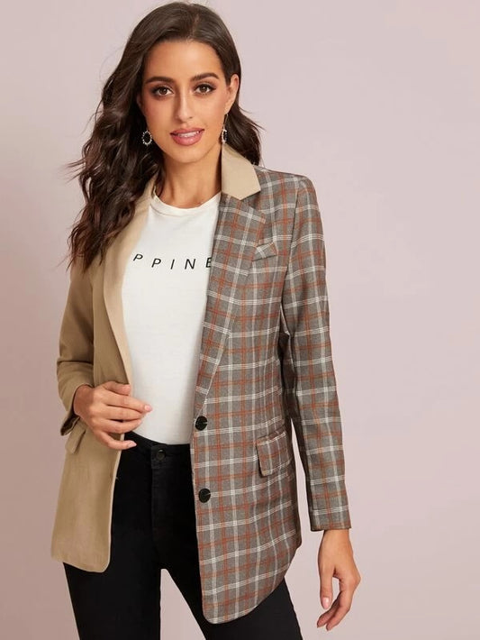 CM-CS115082 Women Elegant Seoul Style Cut And Sew Plaid Asymmetrical Hem Blazer