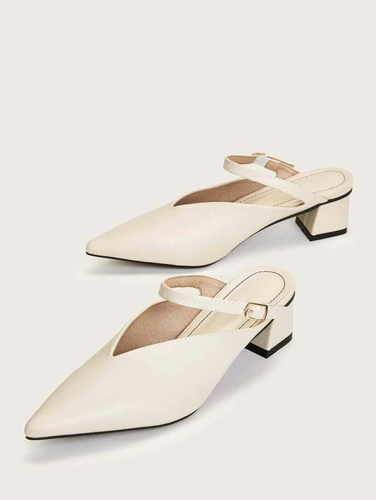 CM-SHS115801 Women Trendy Seoul Style Point Toe Buckle Strap Chunky Heeled Mules - Beige