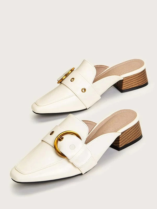 CM-SHS115924 Women Trendy Seoul Style Buckle Decor Cork Heeled Mules - Beige