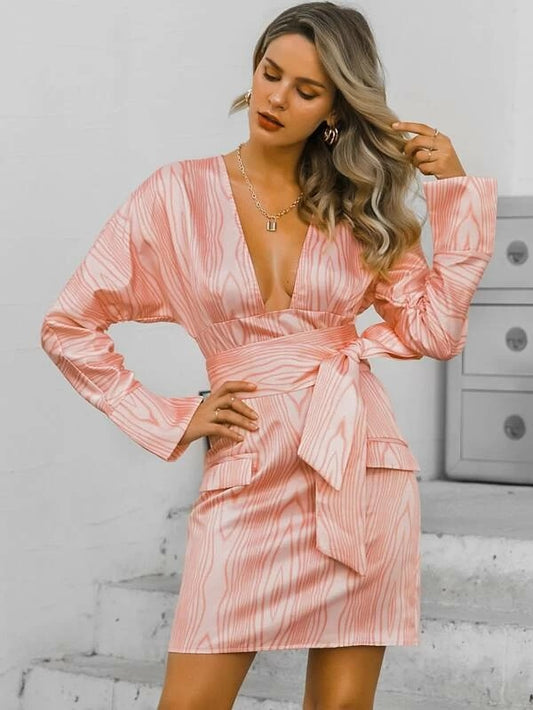 CM-DS115218 Women Elegant European Style Print Plunging Neck Flap Detail Belted Dress - Pink