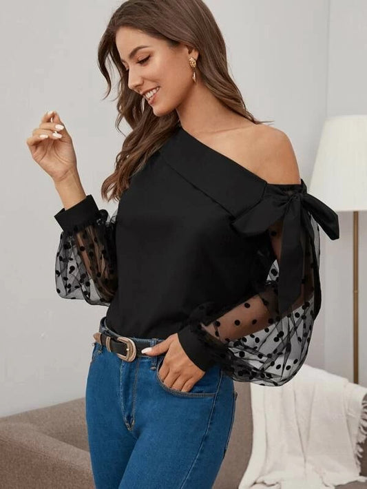CM-TS031761 Women Casual Seoul Style Knot Asymmetrical Neck Dot Mesh Sleeve Top - Black