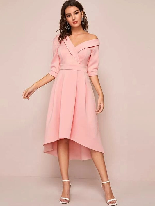 CM-DS102008 Women Elegant Seoul Style Shawl Collar Asymmetrical Neck Flare Dress - Pink